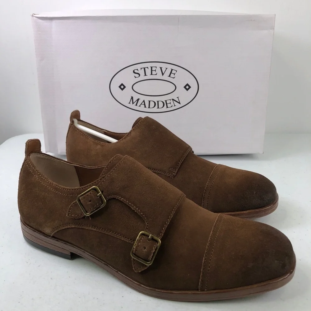 STEVE Madden Tan Suede Monk Strap Leather Shoes
